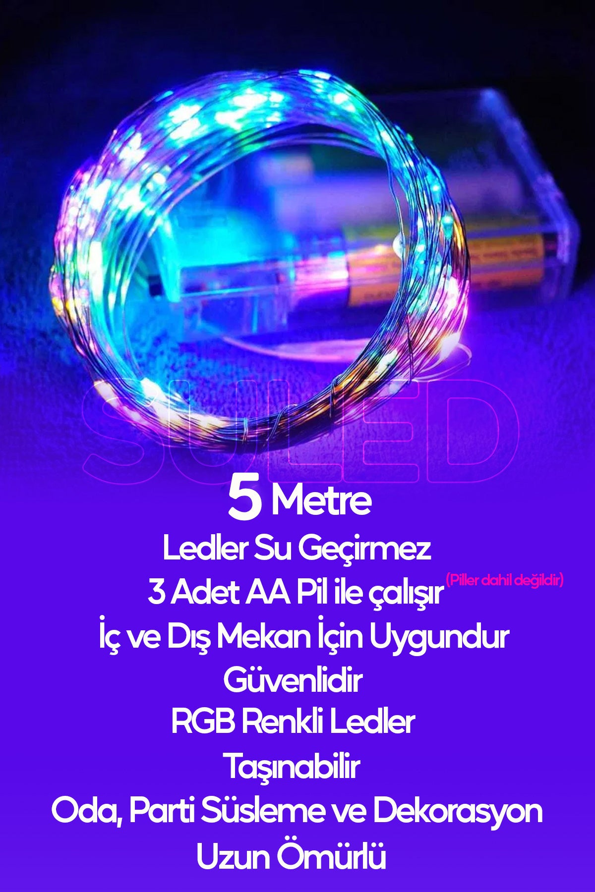 Pilli RGB Led Işık 5 Metre Iç & Dış Mekan Parti Dekor Kutlama Işığı Renkli Led Dekorasyon