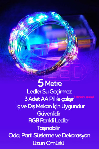 Pilli RGB Led Işık 5 Metre Iç & Dış Mekan Parti Dekor Kutlama Işığı Renkli Led Dekorasyon