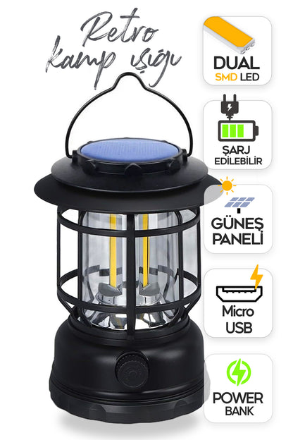 Retro Kamp Lambası Fanus Fener Micro Usb Güneş Şarjlı 10w Güçlü Led Işık Power Bank Özellikli