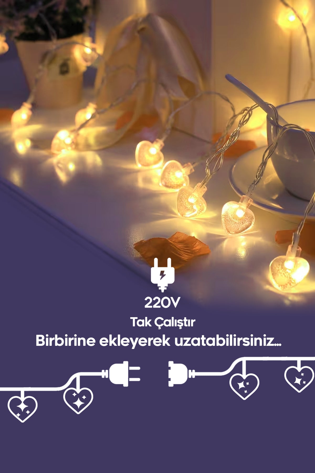 5 Metre Kalpli Led Işık 20 Kalp Dekoratif Süsleme Ledi 220V Fişli Gün Işığı Ortam Ambiyans Led