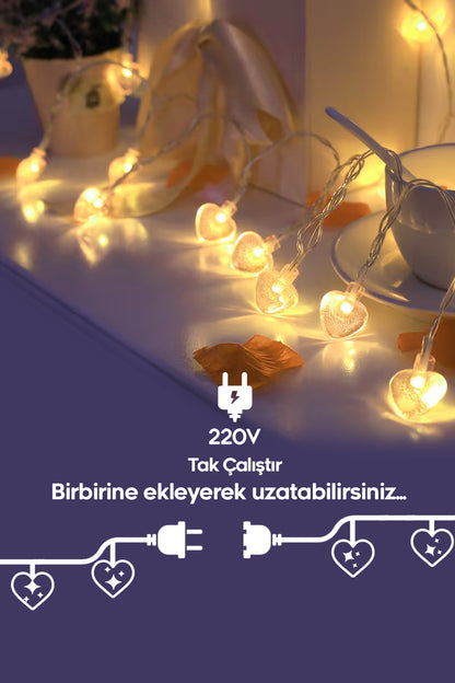 5 Metre Kalpli Led Işık 20 Kalp Dekoratif Süsleme Ledi 220V Fişli Gün Işığı Ortam Ambiyans Led