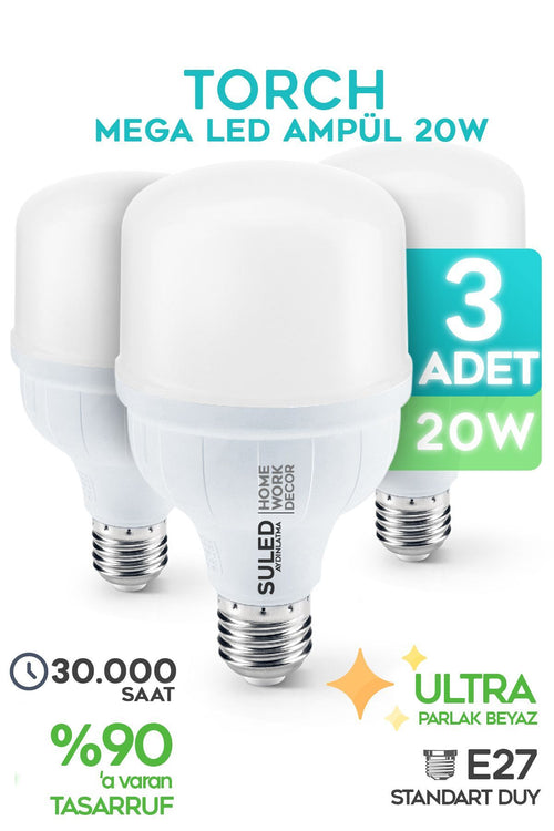 20w Torch Büyük Boy Mega Led Ampül 3 Adet Ultra Parkal Tasarruflu 6500k Beyaz Işık Büyük Ampül E27