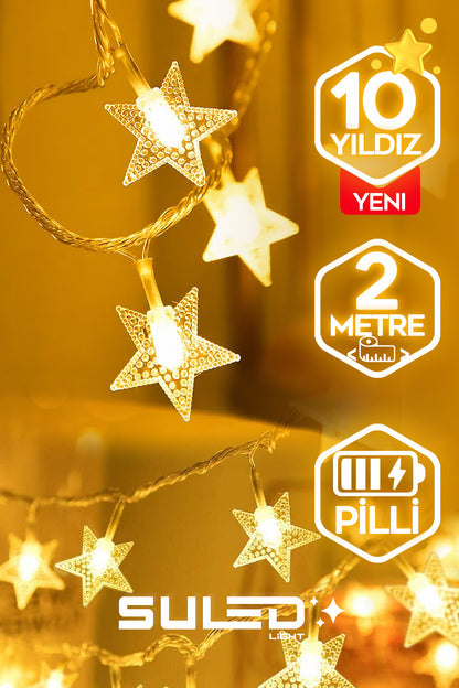2 Metre Potart 10 Yıldızlı Dekoratif Led Işık Pilli Gün Işığı İç ve Dış Mekan Süsleme Parti Ambiyans