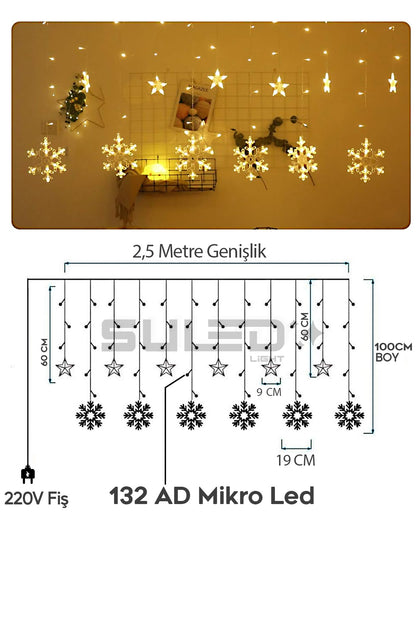 Kar Tanesi 2,5 Metre 132 Led 12 Sarkıt Oda Parti Kutlama Dekor Süsleme Ledi 220v Sarı Led Işık
