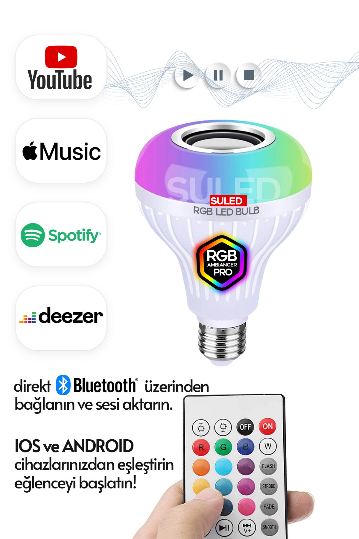 Hoparlörlü Bluetooth Led Ampül RGB Ambiyans Aydınlatmalı IOS ve Android Uyumlu Led Işık