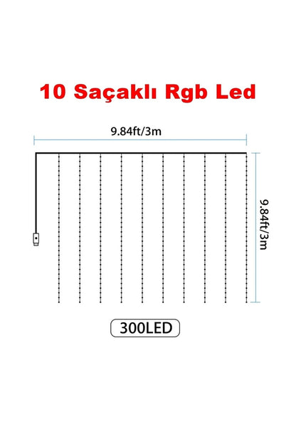 Rgb Perde Led 3x3 Mt 300 Ledli 8 Modlu10 Saçaklı Kumandalı Peri Mutfak Işık Dekoratif Lamba