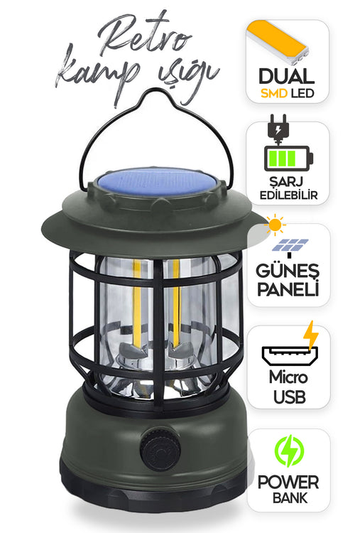Retro Kamp Lambası Fanus Fener Micro Usb Güneş Şarjlı 10w Güçlü Led Işık Power Bank Özellikli