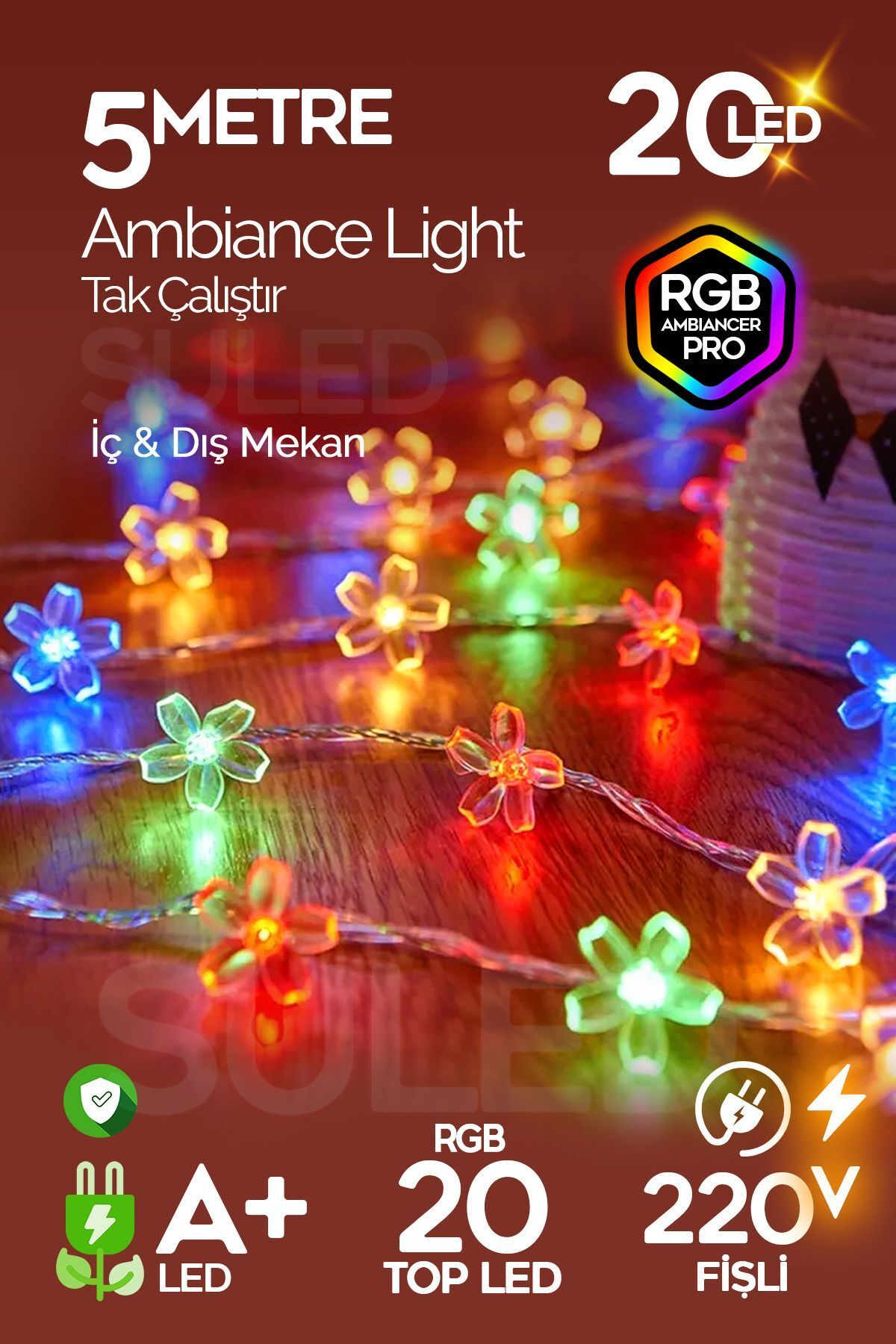 RGB 5 Metre Gül Led 20 Led 220V Fişli Tak Çalıştır Dekoratif İç ve Dış Mekan Süsleme Işığı