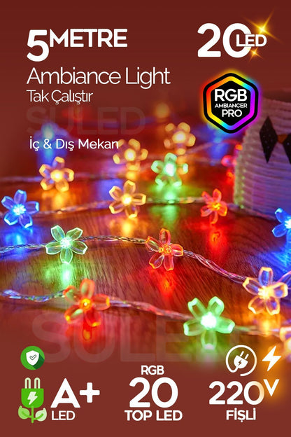 RGB 5 Metre Gül Led 20 Led 220V Fişli Tak Çalıştır Dekoratif İç ve Dış Mekan Süsleme Işığı