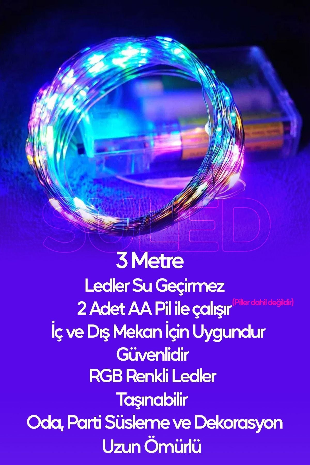 3 Metre Pilli Rgb Peri Led Ince Tel Dekoratif Lambası Renkli Dekor Perde Ledli Bahçe Oda Kafe Duvar