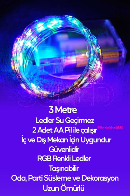 3 Metre Pilli Rgb Peri Led Ince Tel Dekoratif Lambası Renkli Dekor Perde Ledli Bahçe Oda Kafe Duvar