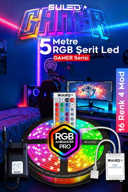Gamer 5 Metre RGB Şerit LED Işık Kumandalı 16 Renk 4 Modlu Masa Ortam ve Oda Aydınlatma