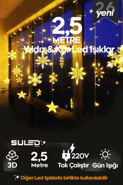 Kar Tanesi Yıldız Led Işıklar 220V Gün Işığı 3D Süsleme Ledleri Perde Cam ve Oda Süsleme Led Işıklar