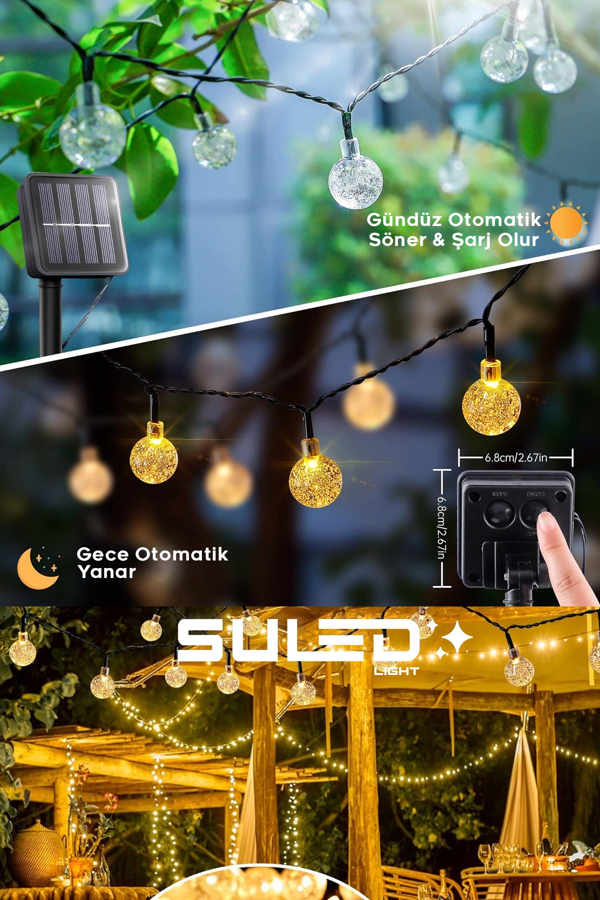 Kristal Toplar 5 Metre Solar Enerjili Bahçe Aydınlatması Led Işık Gün Işığı Dekoratif İç & Dış Mekan