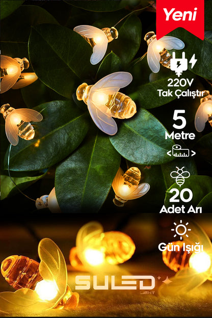 5 Metre Led Işık 20 Adet Arı Figürlü 220V Fişli - Tak Çalıştır İç ve Dış Mekan Süsleme Işıkları