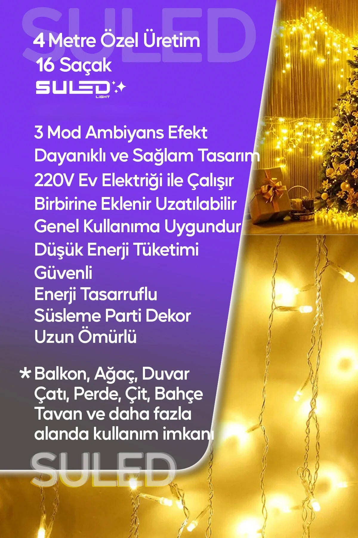 Sarı Led Işık Sarkıt Efekt Modlu 4 Metre Power Led 16 Saçak Süsleme 220v Fişli