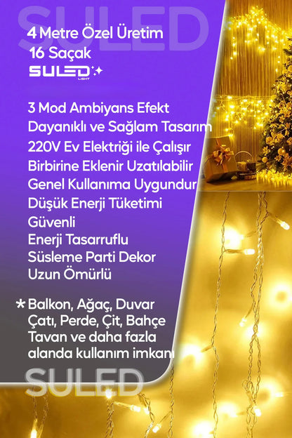 Sarı Led Işık Sarkıt Efekt Modlu 4 Metre Power Led 16 Saçak Süsleme 220v Fişli