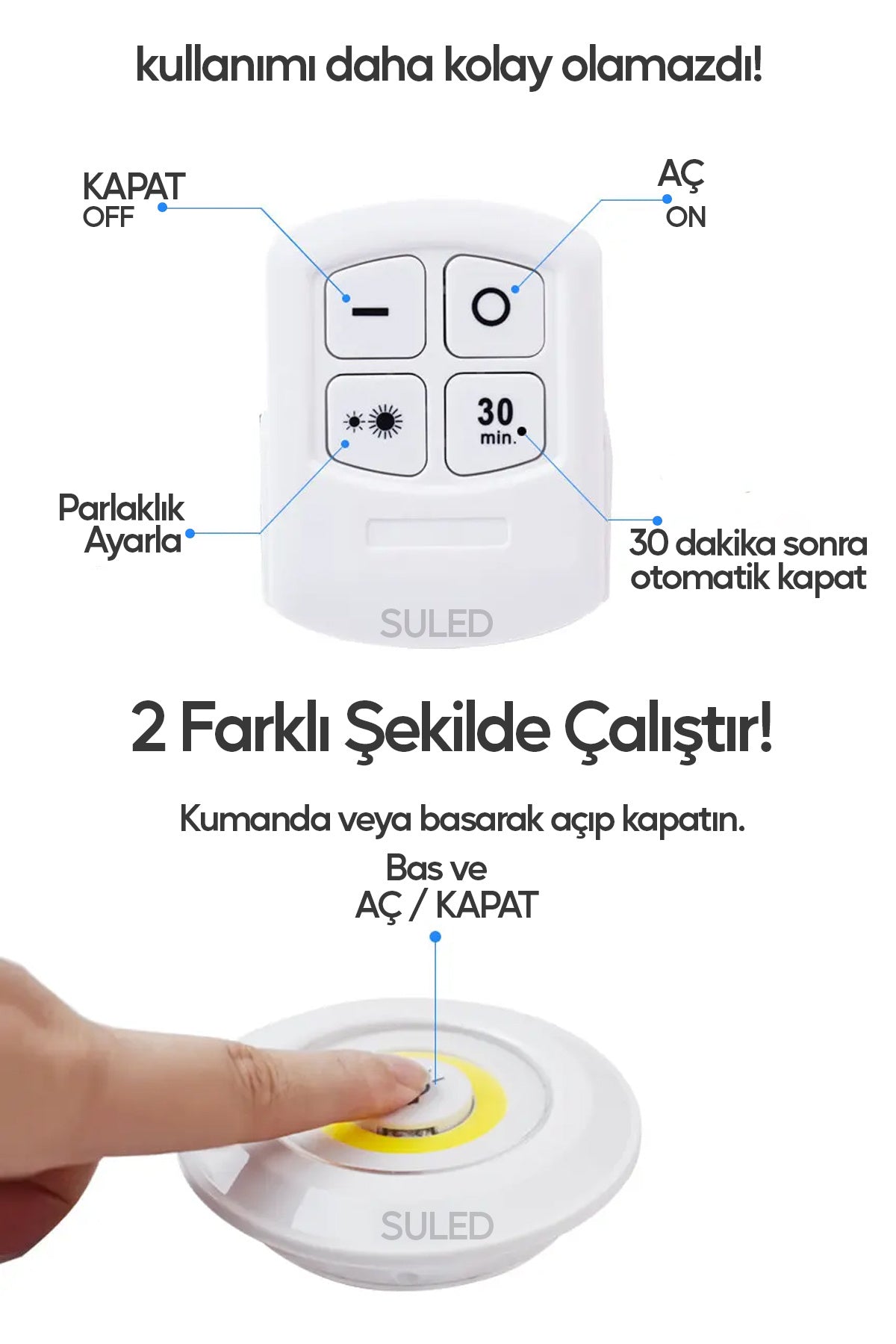 Pilli Uzaktan Kumandalı Montajsız Yapışkanlı 3'lü Spot Led Işık Lamba Raf Niş Dolap Mutfak Işığı