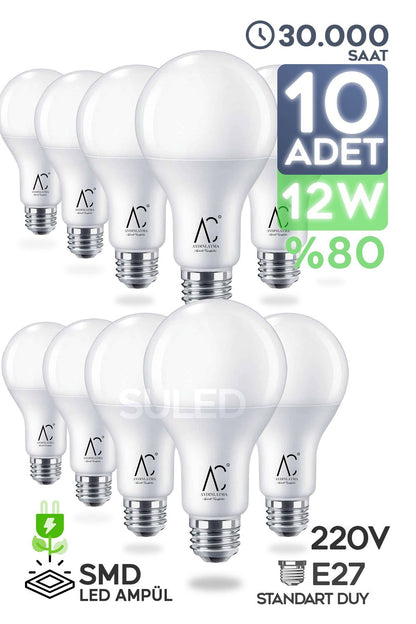 12w Led Ampül 10'lu Paket E27 Beyaz Işık Güçlü Aydınlatma Smd Led 6500k Tasarruflu Lamba