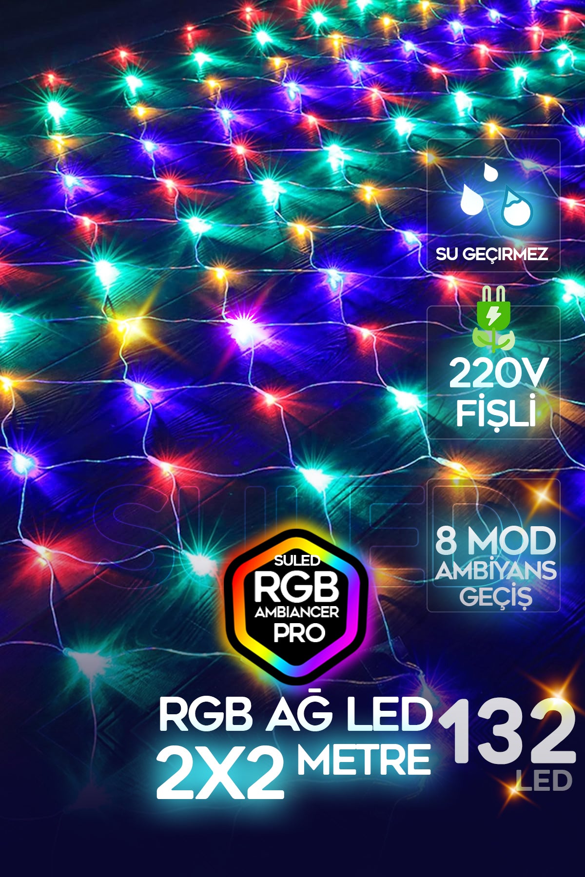 RGB Ağ Led 2x2 Metre 132 Led 220V Fişli İç ve Dış Mekan 8 Modlu Ambiyans Aydınlatma