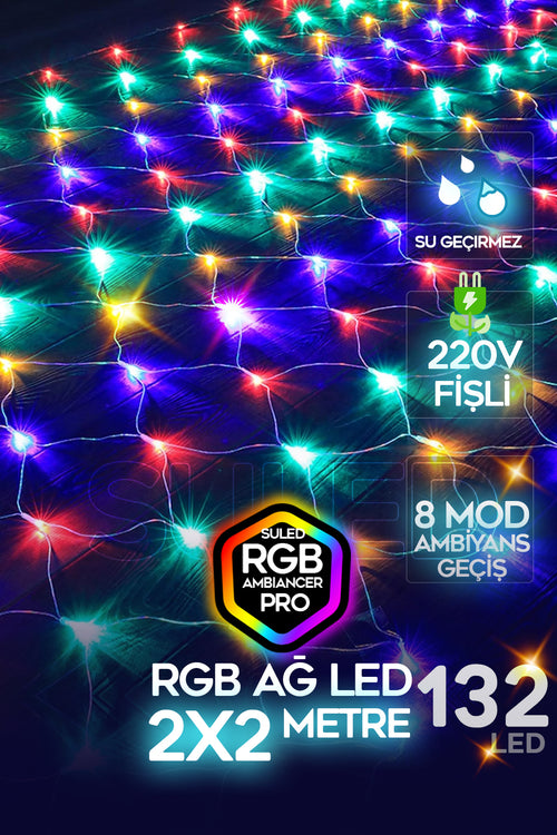 RGB Ağ Led 2x2 Metre 132 Led 220V Fişli İç ve Dış Mekan 8 Modlu Ambiyans Aydınlatma