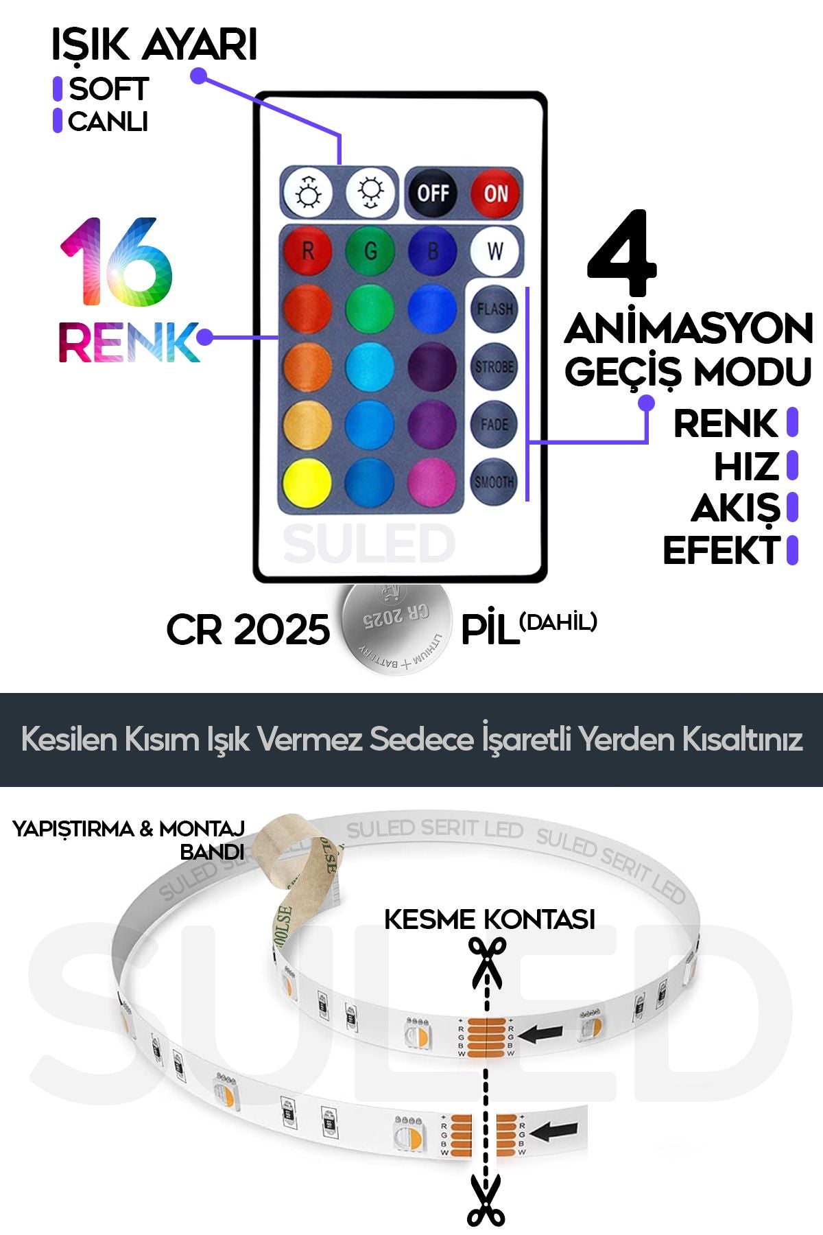 10 Metre Şerit Led 16 Mod Ambiyans Ortam Işığı Tak Çalıştır Kumandalı Trafolu Rgb Şerit Işık