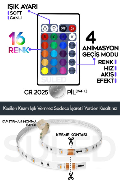 10 Metre Şerit Led 16 Mod Ambiyans Ortam Işığı Tak Çalıştır Kumandalı Trafolu Rgb Şerit Işık