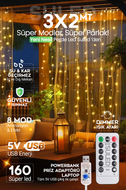 USB PERDE LED 3X2 Metre 160 Led Kumandalı Su Geçirmez İç ve Dış Mekan Ambiyans Aydınlatma Işığı