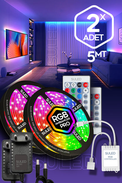 5MT X 2'li Set RGB Duvar Tavan Şerit Led Işık Ambiyans & Sabit 16 Renk Kumandalı Yapışkanlı 10 Metre