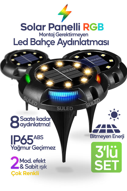 Bahçe Aydınlatma RGB Saplama Led Işık 3'lü Set Solar Güneş Enerjili Otomatik Aydınlatmalı Lamba