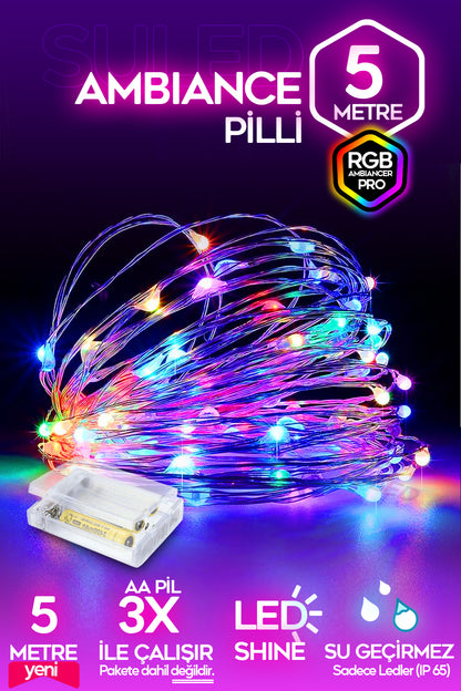Pilli RGB Led Işık 5 Metre Iç & Dış Mekan Parti Dekor Kutlama Işığı Renkli Led Dekorasyon