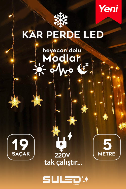 Kar Tanesi 5 Metre Modlu Perde Led Işık 19 Saçak Gün Işığı 220V Fişli Dekoratif İç & Dış Mekan