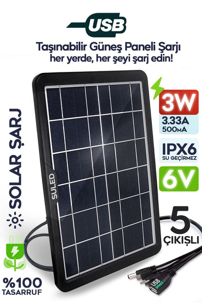 3W Güneş Enerjili Solar USB Şarj Paneli 6V 5 Uçlu USB Çıkışlı 2A Telefon Tablet Şarj Ünitesi
