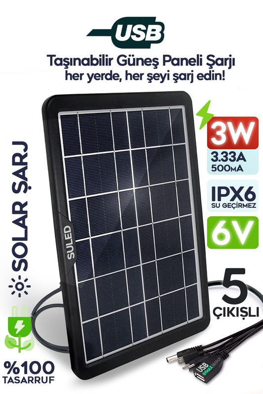 3W Güneş Enerjili Solar USB Şarj Paneli 6V 5 Uçlu USB Çıkışlı 2A Telefon Tablet Şarj Ünitesi