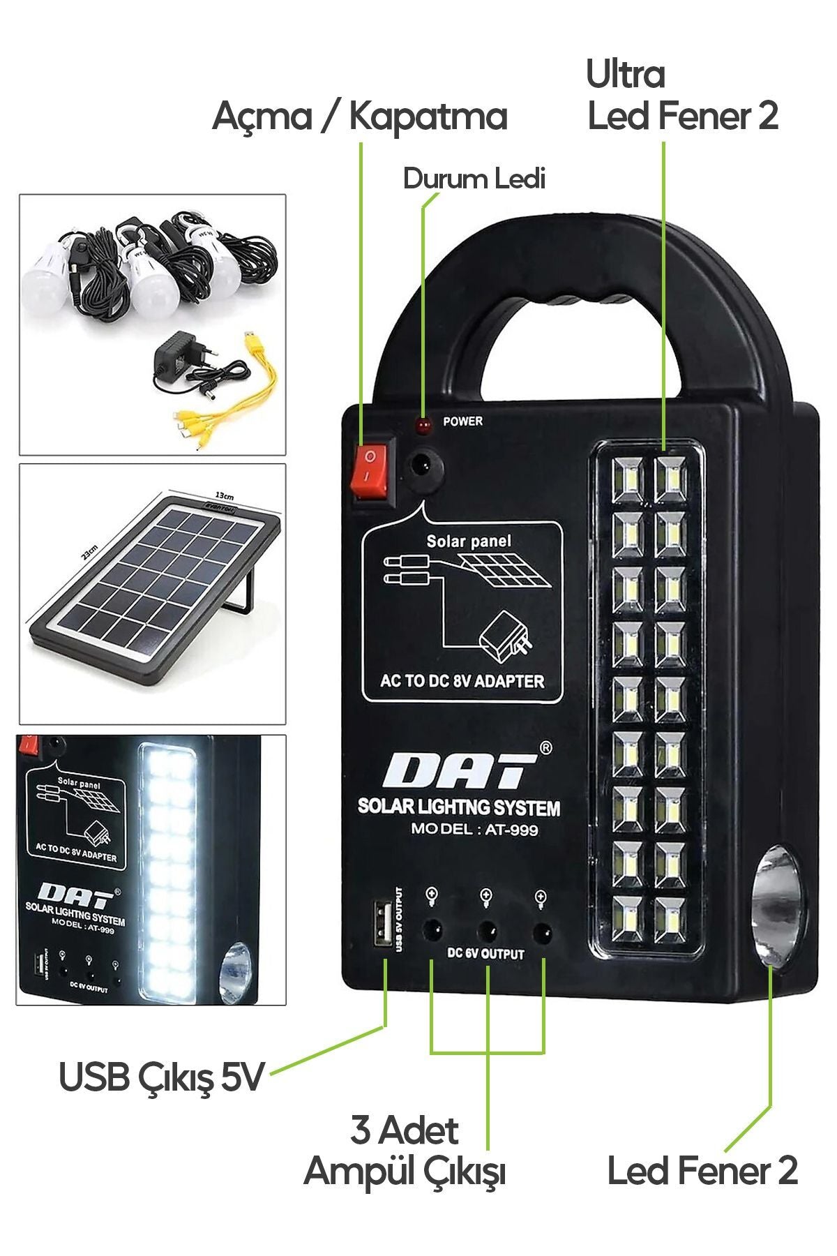 Solar Aydınlatma Seti 3 Lambalı 22 Amper Lithium Bataryalı USB Power Bank Led Işıldak Fener