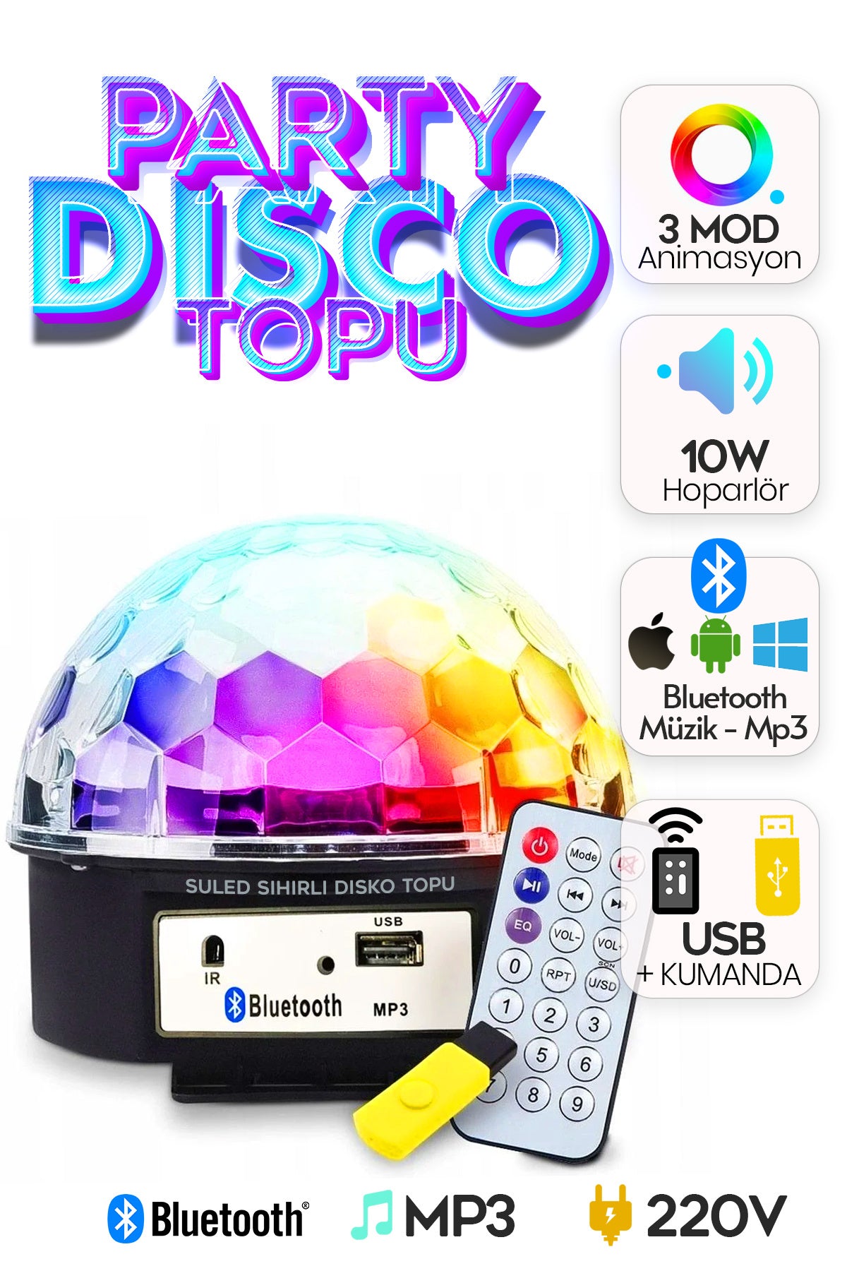 Disko Topu Led Işık Bluetooth Hoparlörlü USB Müzik Çalar Kumanda 360* Dönen Parti Eğlence Işığı 220V