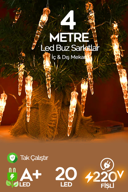 Buz Sarkıt Led Süsleme Işığı 4 Metre 20 Led 220V Fişli Dekoratif Aydınlatma Süs Tak Çalıştır