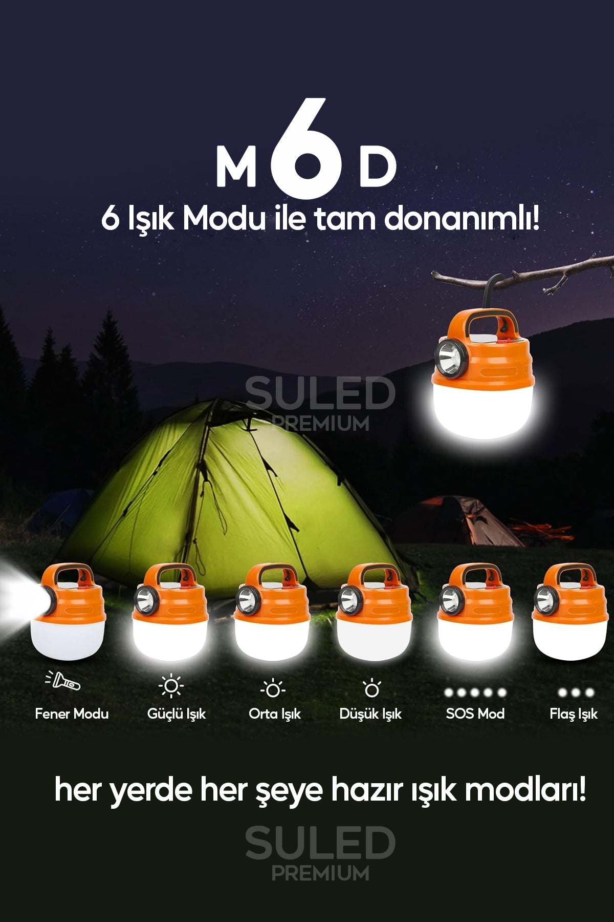 6 Modlu El Feneri ve Kamp Lambası USB & Solar Şarjlı SMD Led Askılı Taşınabilir Işık