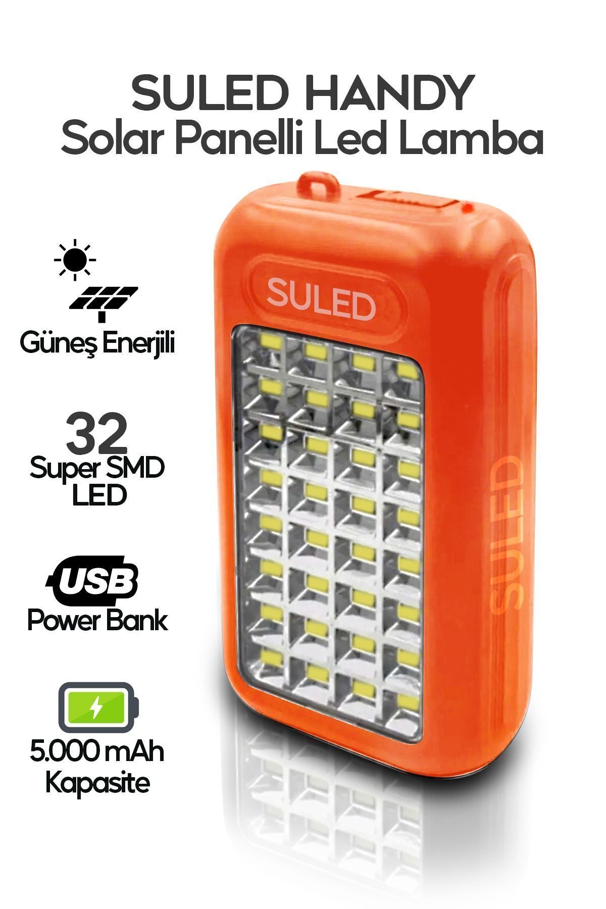 Güneş Panelli Handy Power Bank Fener Işıldak 32 Süper Smd Ledli El Feneri Ev Kamp Outdoor Aydınlatma