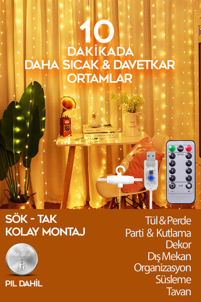 Sl-1034- 300 Ledli 10 Saçaklı Sarı Led Kumandalı 8 Modlu Perde Led Peri Mutfak Işık Dekoratif Lamba
