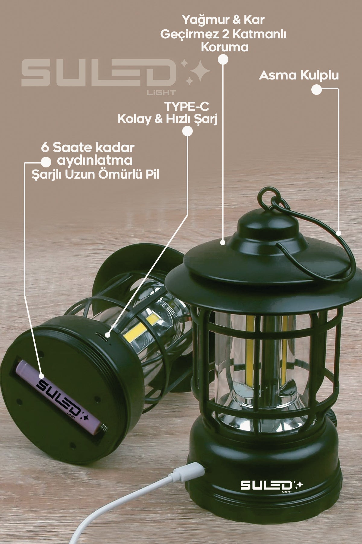 Retro Kamp Lambası Haki Şarjlı & Pilli Fanus Fener Dimmer Özellikli Suya Dayanıklı