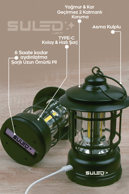 Retro Kamp Lambası Haki Şarjlı & Pilli Fanus Fener Dimmer Özellikli Suya Dayanıklı