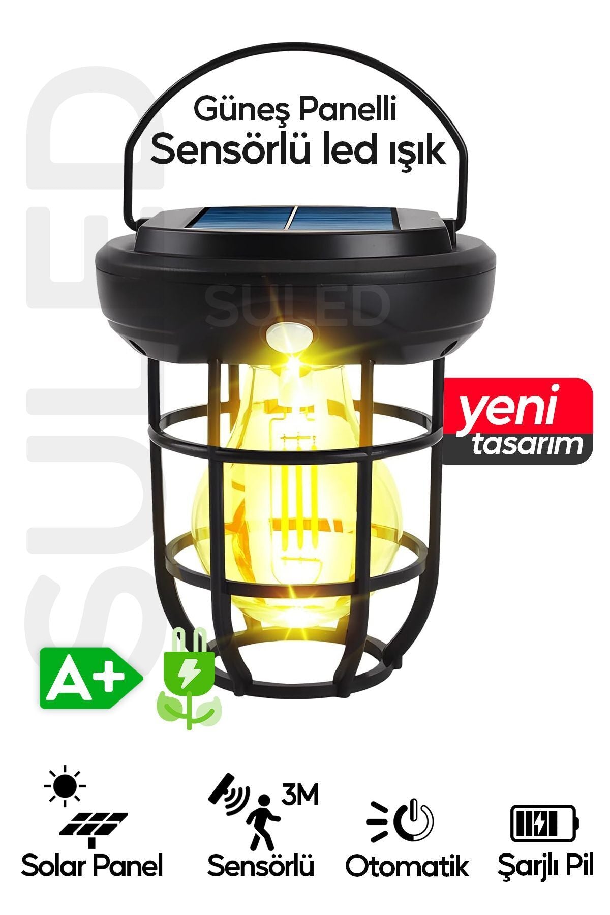 Solar Şarjlı Hareket Sensörlü Led Fener Işık 15W Askılı 3 Modlu Otomatik Led Kamp Bahçe Lambası