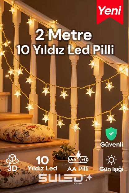 2 Metre Pilli Potart 10 Yıldızlı Dekoratif Led Işık Pilli Gün Işığı Süsleme Parti Ambiyans.