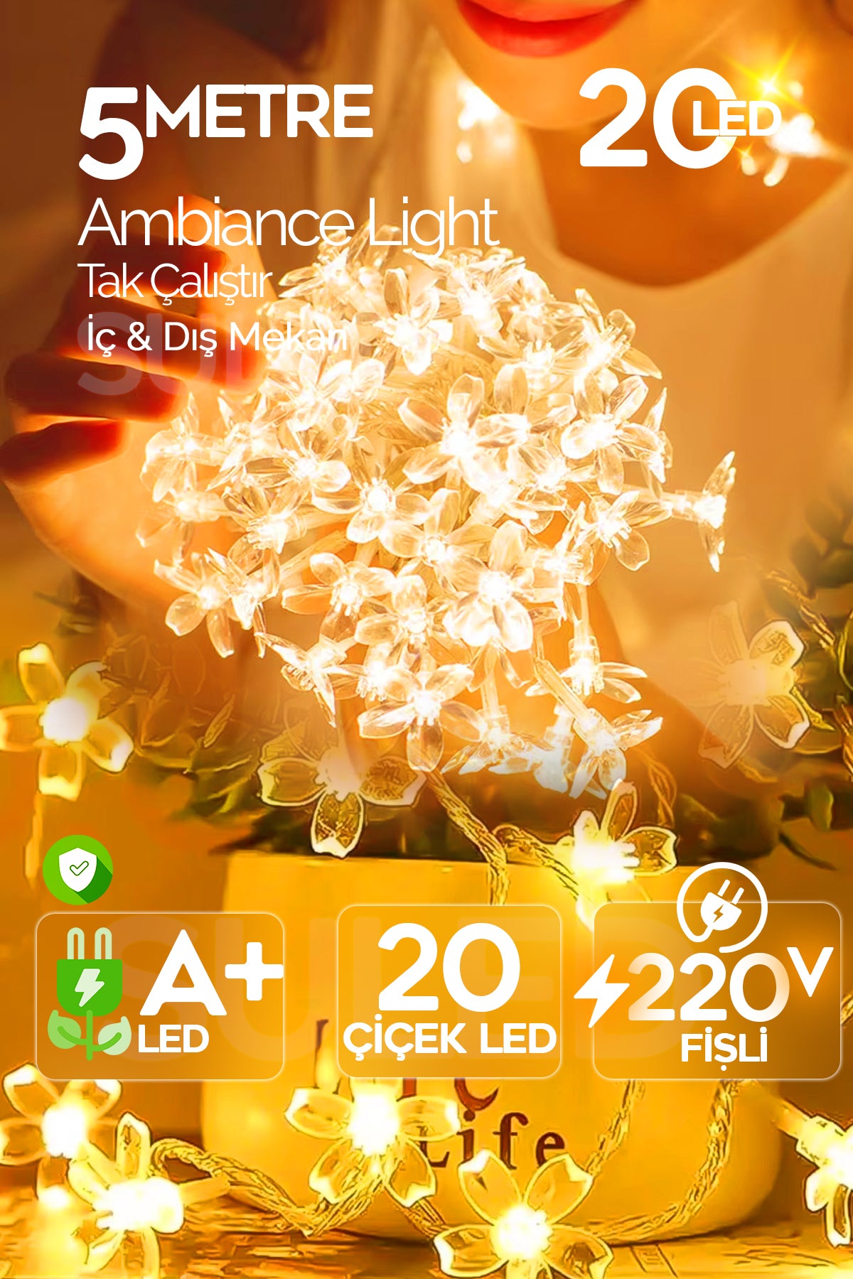 Dekoratif Çiçekler 5MT Led Işık Sarı İç ve Dış Mekan 220V 20 Çiçek Led Parti Süsleme Dekor
