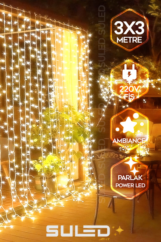 Perde Led Işık 3x3 Metre 220v Fişli Saçaklı Ambiyans Süs Ve Dekor Led Işık Süsleme Ledi