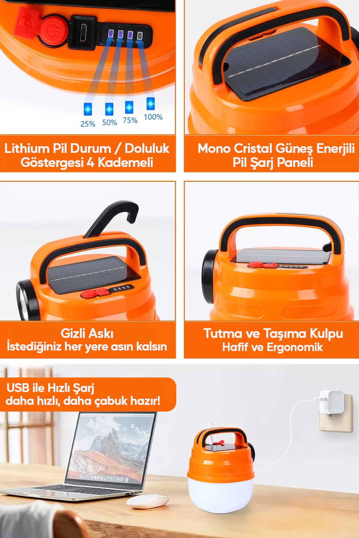 6 Modlu El Feneri ve Kamp Lambası USB & Solar Şarjlı SMD Led Askılı Taşınabilir Işık