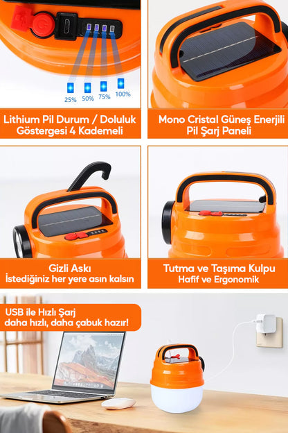 6 Modlu El Feneri ve Kamp Lambası USB & Solar Şarjlı SMD Led Askılı Taşınabilir Işık