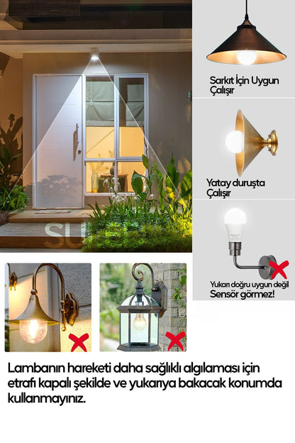 Hareket Sensörlü Led Lamba 3 Adet Ampül Beyaz Işık 12w %80 Tasarruflu Otomatik Yanıp Söner