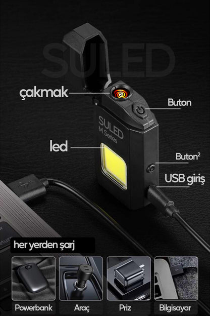 Şarjlı Çakmak T9 LED Fener Özellikli USB Şarjlı Kamp Çakmağı COB Led CE Rüzgardan Etkilenmez